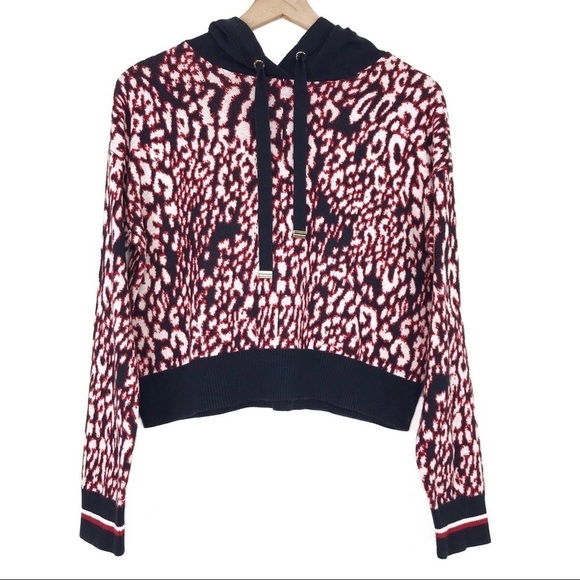 TOMMY HILFIGER Animal Print Knit Crop Hood Sweater S - Picture 1 of 8